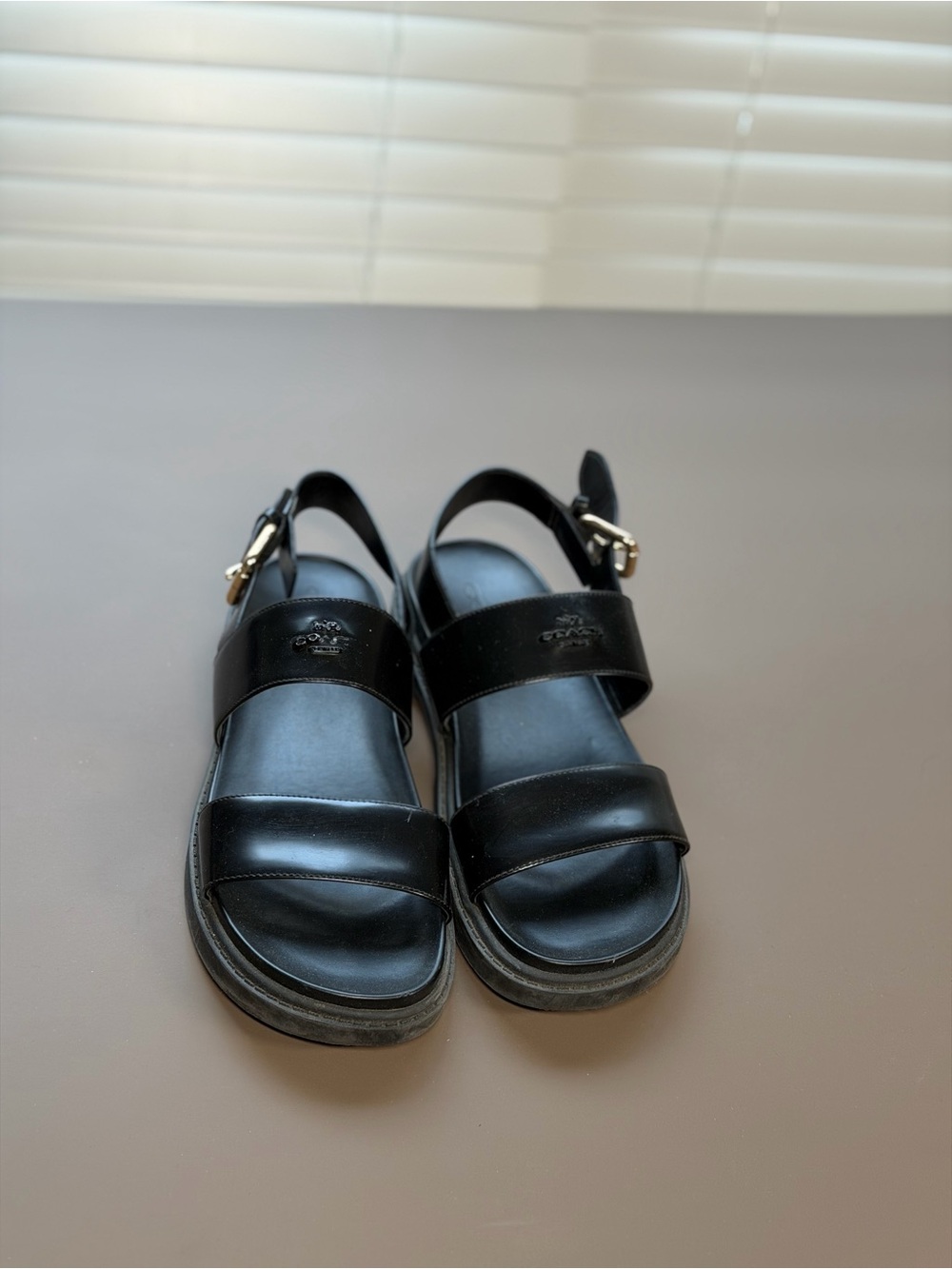 Coach Black Leather Women's Strap Sandals with Gold Buckles